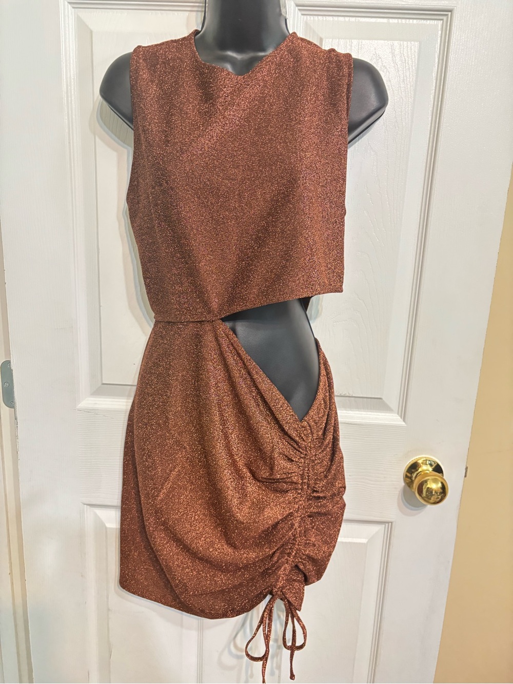 Sparkly Copper Cutout Ruched Mini Dress